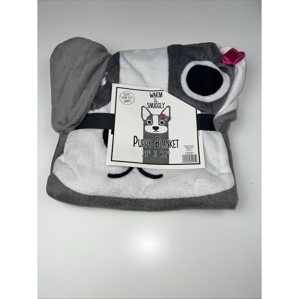 Warm & Snuggly "Puppy with Ribbon Theme Blanket" Size 20 x 52 inches Gray/White
